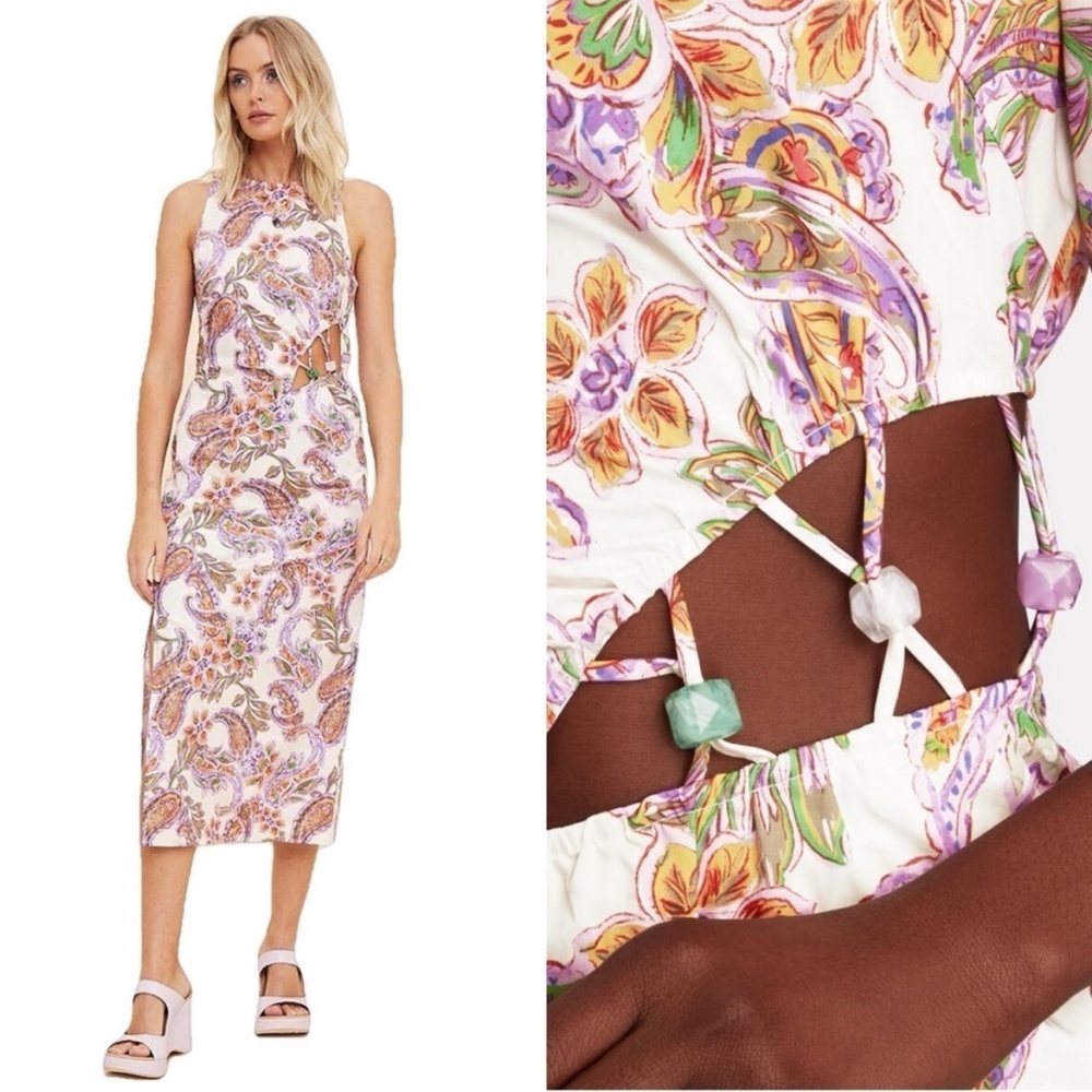 Suboo Sienna Cutout Jeweled Sleeveless Midi Dress in Pink Paisley Floral Sz M